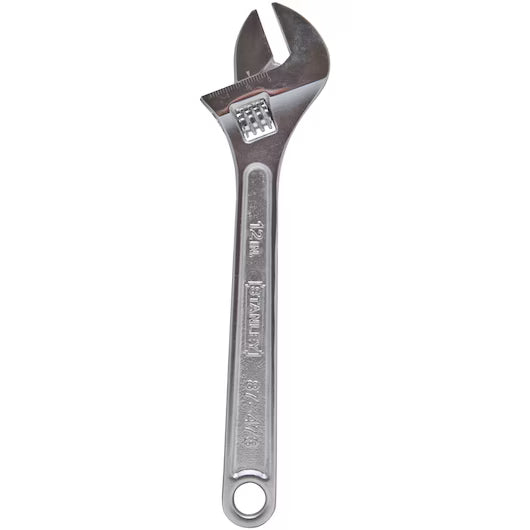The STANLEY WRENCH ADJUSTABLE 12 is a silver alloy steel tool with measurement markings and a knurled thumb screw for jaw adjustment. The etched handle shows the brand and size, making it ideal for plumbing tasks.